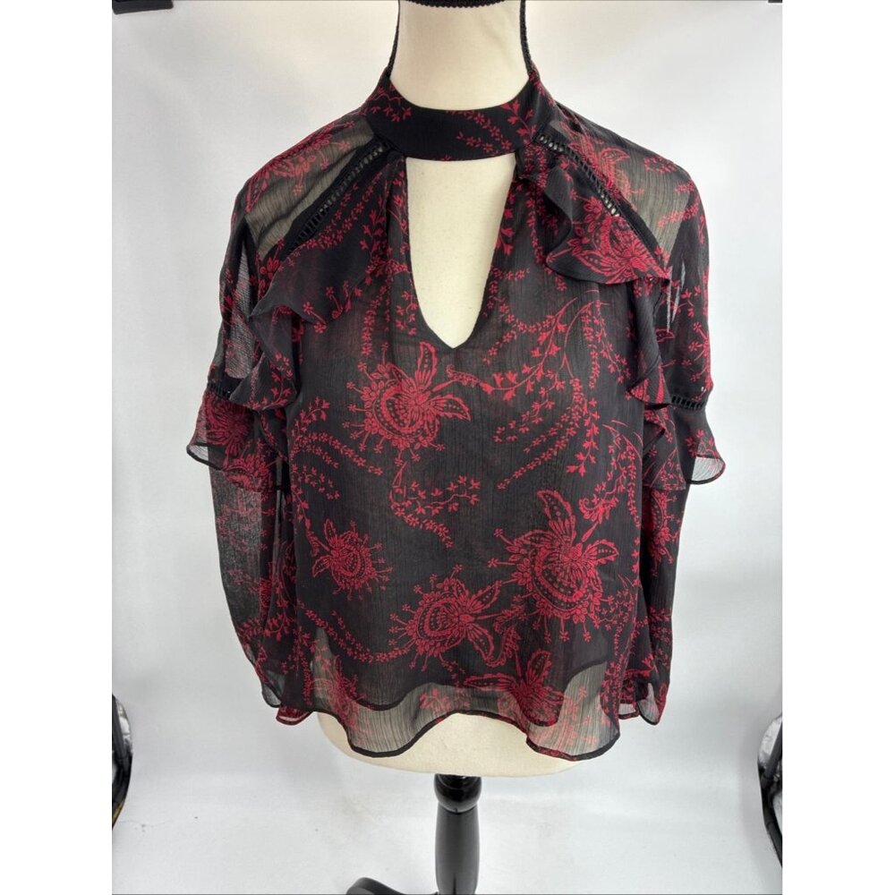 Express Women's Black Red Floral Sheer Ruffle Choker Top XS